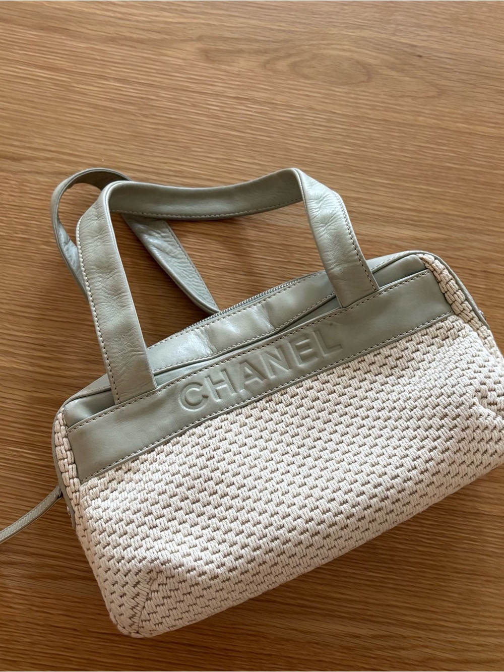 CHANEL Cream & Light Green Woven Shoulder Bag